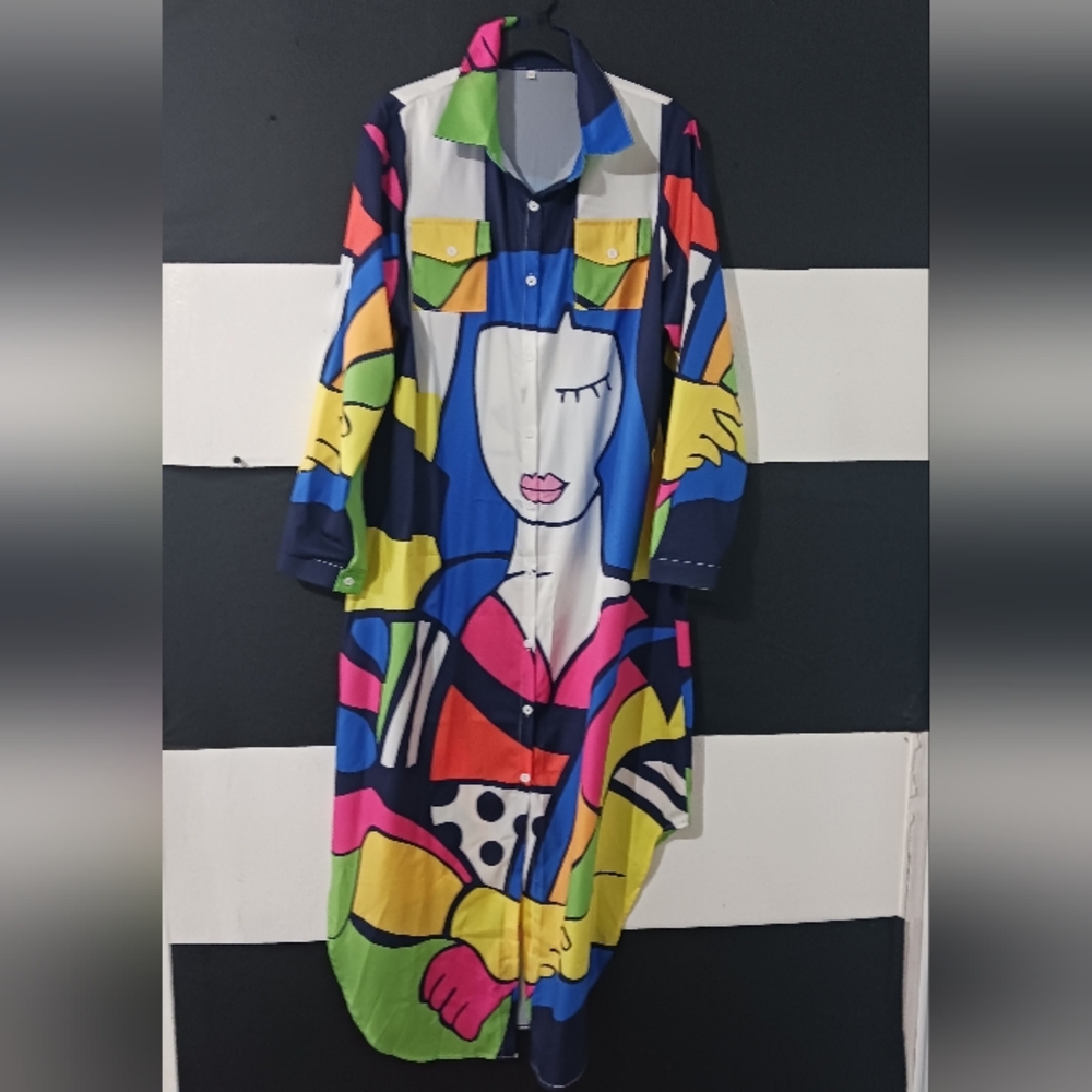 Women faces collage printed multicolor buttoned maxi dress - Picture 3 of 13